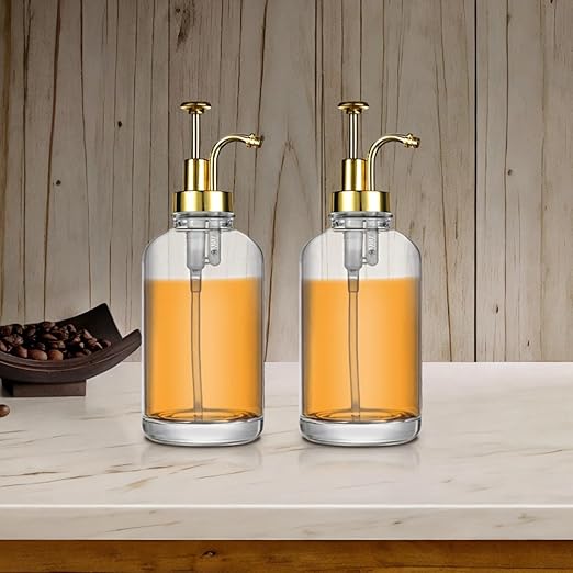 2Pcs Coffee Syrup Dispenser with Pump, 8.66 in/22 cm, 2 Gold Pumps, Includes 2 Labels, 1 Brush and 1 Funnel,Syrup Bottles for Coffee Bar,Syrup Container Dispenser,Homemade Syrup Set