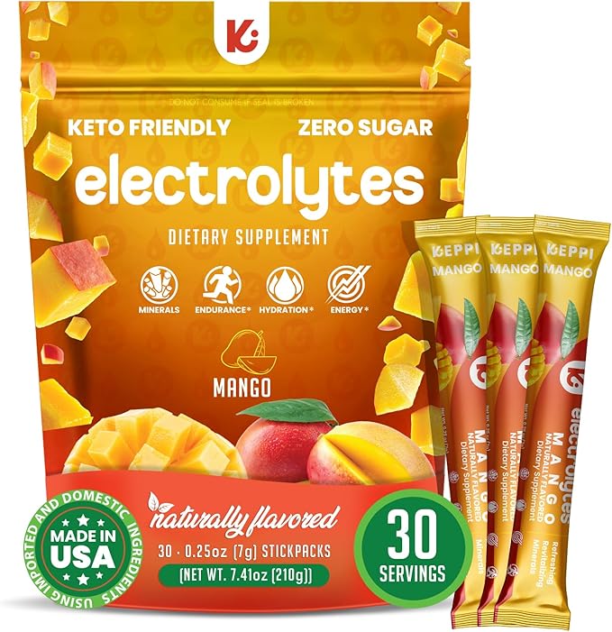 Keppi Electrolytes Powder Packets – Mango Flavor 30 Servings – No Sugar Hydration Supplement with Potassium, Magnesium, Sodium – Keto, Vegan, Fasting-Friendly, Zero Calorie Hydration Packets
