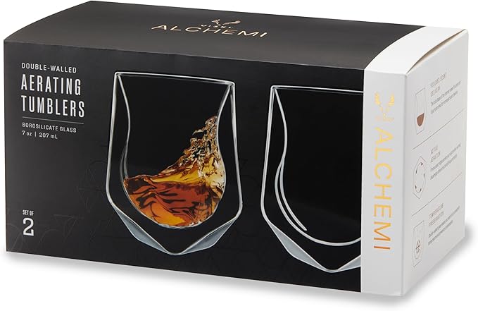 Viski Aerating Whiskey Tumbler, Whiskey Tasting Glass, Double Walled Snifter, Specialty Bourbon Tumbler, Clear Glass, Dishwasher Safe, 6 Oz, Set of 2