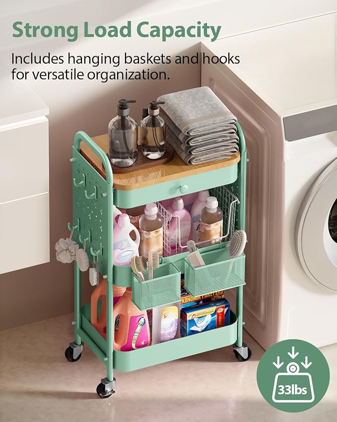 ALVOROG Rolling Cart with Drawer and Wood Table Top, 3 Tier Metal Rolling Utility Cart on Wheels with DIY Pegboards, Hanging Baskets, Hooks for Bedroom,Office,Craft Supplies