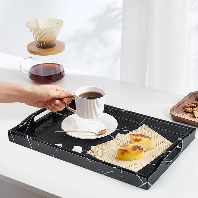 MDLUU Plastic Serving Tray, Ottoman Tray with Cutout Handles, Rectangle Butler Tray for Breakfast in Bed, Coffee Table Decor, Party (Marble)