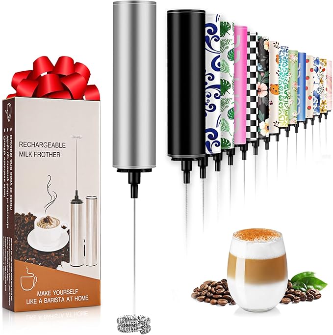 Milk Frother Handheld Rechargeable - 2-Speed Electric Whisk with 5 Detachable Heads (Frother/Mixer/Whisk) for Coffee, Latte, Cappuccino & Matcha, Drink Mixer (silver)