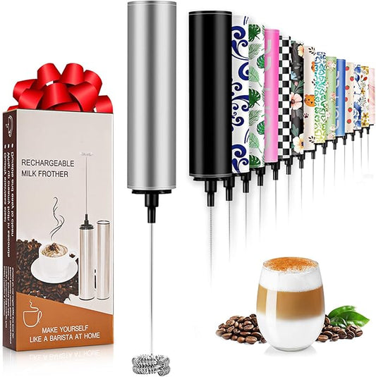 Milk Frother Handheld Rechargeable - 2-Speed Electric Whisk with 5 Detachable Heads (Frother/Mixer/Whisk) for Coffee, Latte, Cappuccino & Matcha, Drink Mixer (silver)
