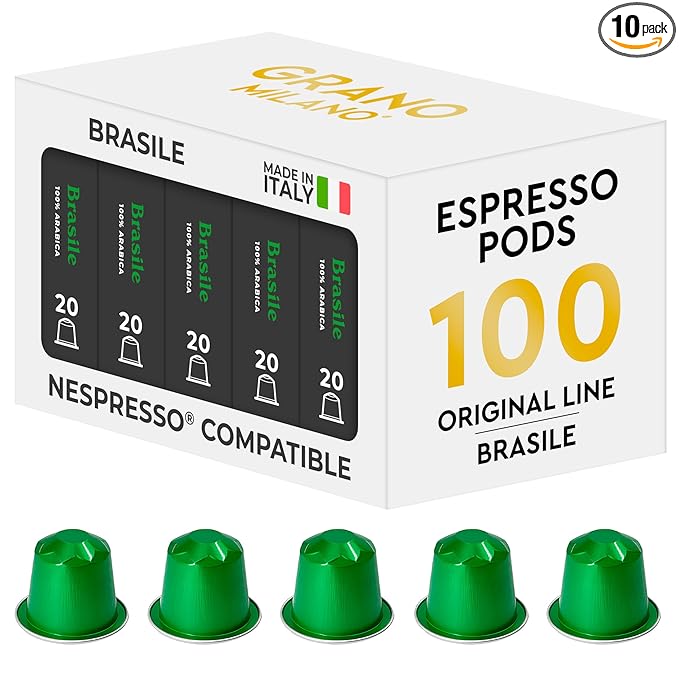 Grano Milano Brasile Coffee Capsules - 100 Aluminum Coffee Pods Compatible with Nespresso Original line,100% Arabica Medium Roast - Intensity 7/12, Made in Italy