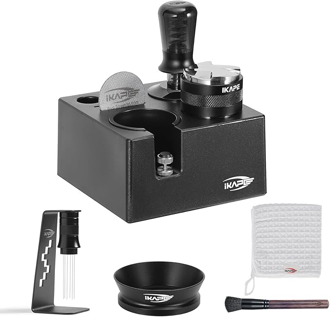IKAPE 51MM Black Espresso Tool Set 8 IN 1, Coffee Tamper, Distributor, Magnetic Funnel, Puck Screen, Tamper Station, Stirrer Distribution Tool, Cleaning Towel and Brush