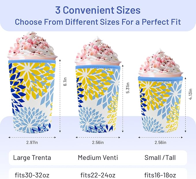 Iced Coffee Sleeve Reusable Cup Sleeves for Cold Drinks Neoprene Koozie Cozy Plastic Cup Covers for Drinks, Blue Yellow Flower