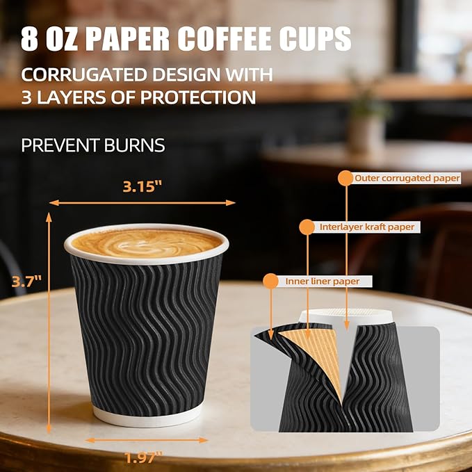 BYSNOW 100 Pack 8 oz Coffee Cups with Lids, Disposable Insulated Hot Cups To Go Paper Coffee Cups, Corrugated Ripple Wall Cup for Hot Drink, Office, Coffee Bar (Black 8 oz)