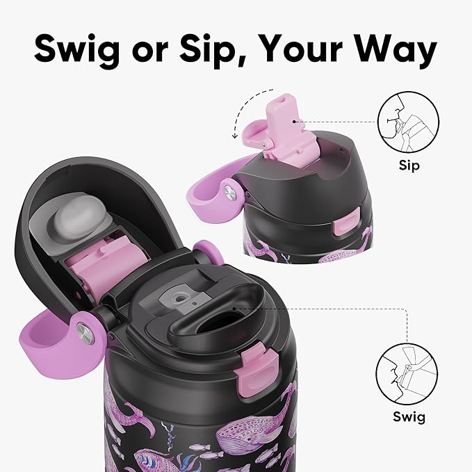 ENCOOL Leakproof Insulated Water Bottle with Straw Dual-Sip Water Bottle Bag-Safe Design for Work, Commute & Gym – Keeps Drinks Cold All Day, 24 oz, Neon Whale