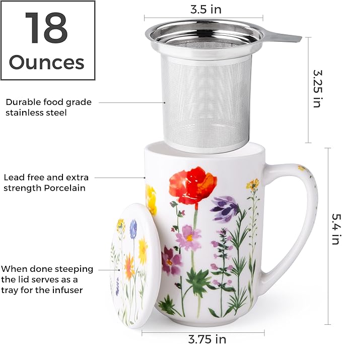 AmorArc Porcelain Tea Mug with Infuser and Lids, 18 Oz Coffee Cup Strainer with Bag Holder for Loose Leaf Tea, Tea Steeping Coffee Mug for House-warming Wedding Birthday Gift