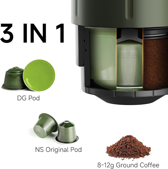 HIBREW H4C Explorer - Portable Electric Espresso Maker, USB-C Rechargeable for Coffee Pods & Ground Coffee, Compact for Home and Travel, with Foldable Holder & Carrying Case