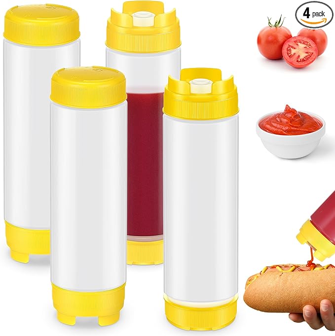 Didaey 4 Pcs Squeeze Bottles Refillable 20 oz, Inverted Plastic Tip Large Valve Dispenser Condiment Squeeze Bottle for Sauces Ketchup Sour Cream Self Sealing Syrup Dispenser for Restaurants (Yellow)