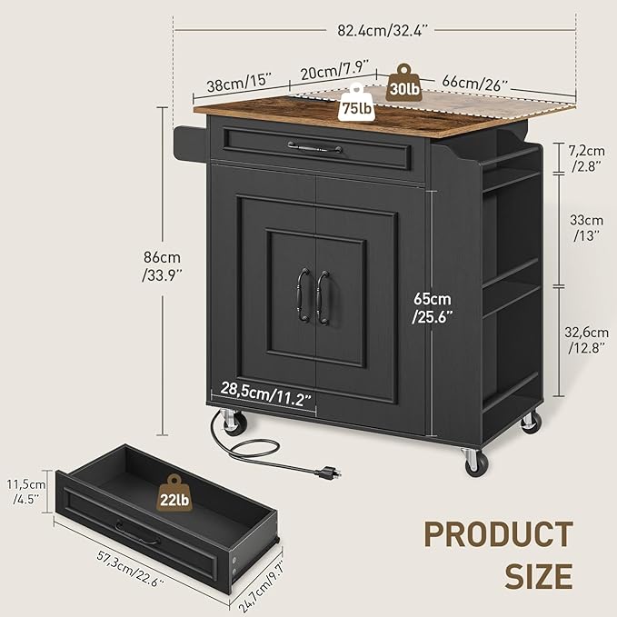 Kitchen Island with Power Outlets & Drop Leaf, Rolling Kitchen Cart on Wheels, Kitchen Storage Island with Spice Rack and Drawer for Kitchen, Dinning Room, Black and Rustic Brown