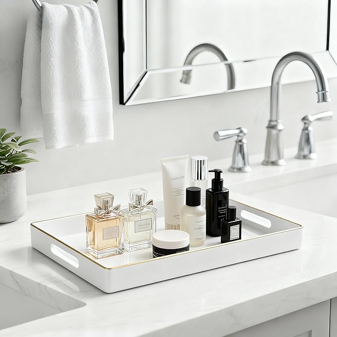 Zosenley Decorative Tray, Rectangular Plastic Tray with Handles, Modern Vanity Tray and Serving Tray for Bathroom, Kitchen, Ottoman and Coffee Table, 15.6” x 10.2” (White)