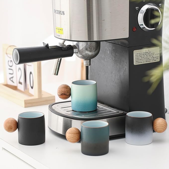 2-Oz Ceramic Espresso Cups with Wood Handle, 2/4-Piece Set for Coffee, Tea, Latte - Dishwasher Safe, Multi-Color & Wood Styles, Gift & Café Use (color4, Round Handle4)