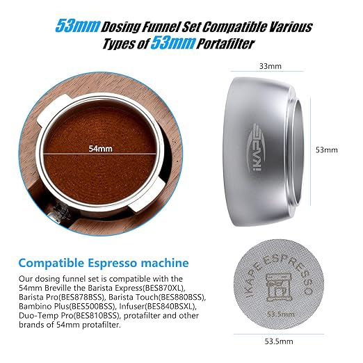 IKAPE Magnetic Dosing Funnel Set, 53MM Espresso Dosing Ring & Puck Screen Kit Compatible with Delonghi 54MM Bottomless Portafilter - with 8 Small Magnet (Silver)
