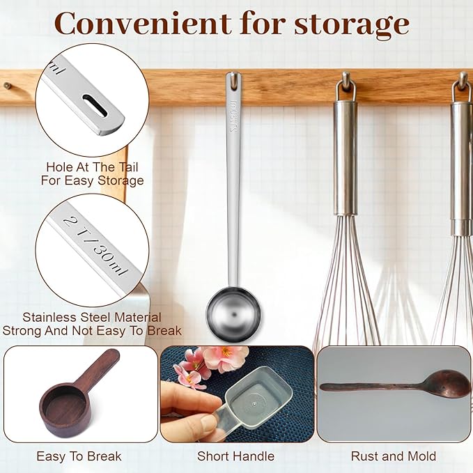 Long Handle Coffee Scoop, 18/8 Stainless Steel Coffee Scoop Food Grade Metal Measuring Spoon 8.6 In 2 Tbsp/ 30ml Metal Scooper Tablespoon for Beans Ground Sugar Powders Protein Powders Sugar