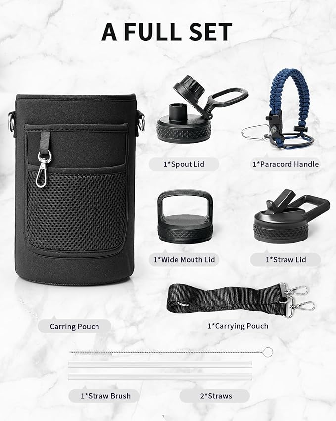 Trebo Water Bottle 64oz with Paracord Handle, Half Gallon Large Vacuum Double Wall Stainless Steel Insulated Water Jug with Holder Strap Straw Spout Lids, Leakproof Keep Cold & Hot,Classic Blue