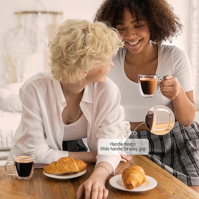 Double Walled Espresso Cups Set of 4, Hand Blown 5.5OZ Espresso Shots Glass, Coffee Mugs with Handle Perfect for Latte, Cappuccino, Tea