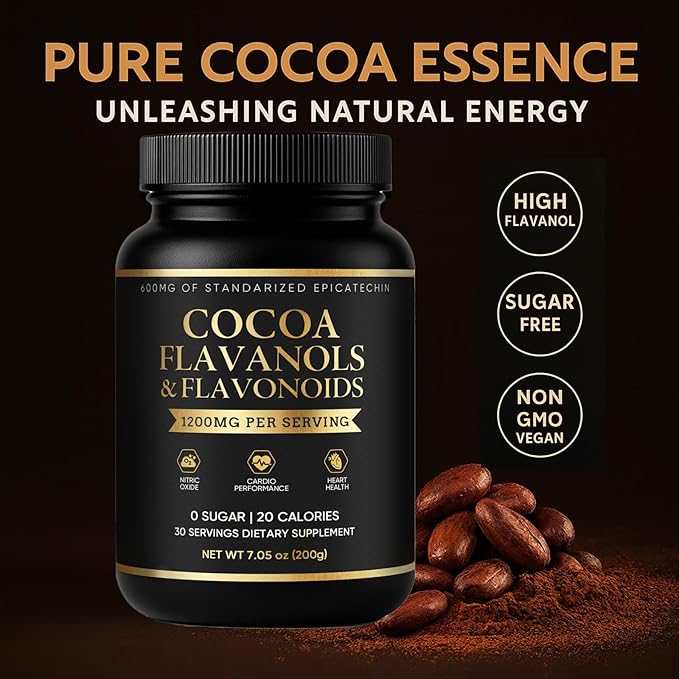High Flavanol Cocoa Powder - Premium Supplement for Heart Health & Nitric Oxide Support with Theobromine, Magnesium & Natural Flavonoids, Antioxidant Rich, Sugar Free, Vegan, Non-GMO - 7.05 oz (1)