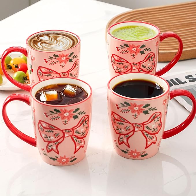 HASENSE Coffee Mugs Set of 4,16oz Ceramic Cups with Handle for Kitchen,Pink Bow Valentine's Day Latte Mugs for Hot Cocoa,Tea,Milk & Latte,Large Festive Stylish Mug Gift,Microwave and Dishwasher Safe