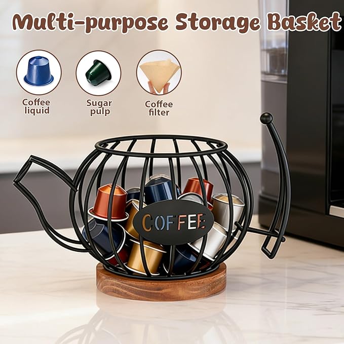Coffee Pod Organizer for Countertop, Coffee Bar Accessories with Wooden Base, Round Basket Decor for Kitchen Countertop for Pods and Espresso Capsules