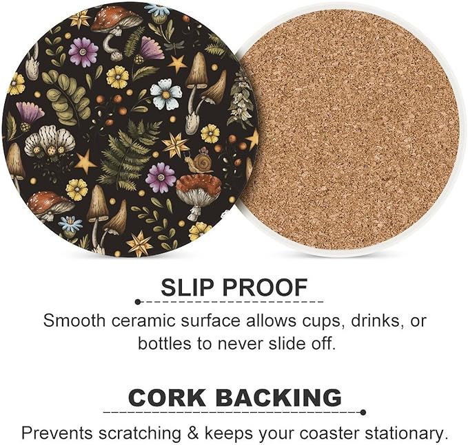 Round-4PCS Botanical Ceramic Coasters, Round Absorbent Drink Coasters, Cartoon Botanical Floral Rustic Plant Leaves Mushroom Ceramic Table Coasters for Coffee, Beverage, Wine, Beer Coasters