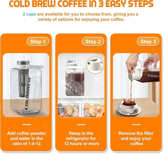 Itslife Cold Brew Coffee Maker, 68oz Iced Coffee Tritan Pitcher with Filter, 2 Pour Spout Lids For Airtight & Leak-Proof Coffee Barrel(Black)