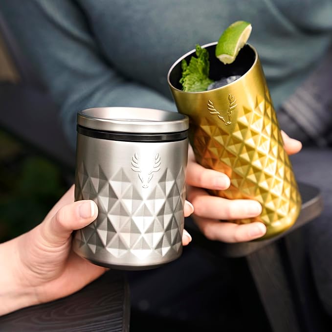 Viski Paragon Stainless Steel Rocks Tumbler Cup with Lid, Insulated Ceramic Lined Metal Whiskey Glass for Patio, Outdoor BBQ Party, Gifts for Drink Lovers, 12 oz, Set of 1, Platinum