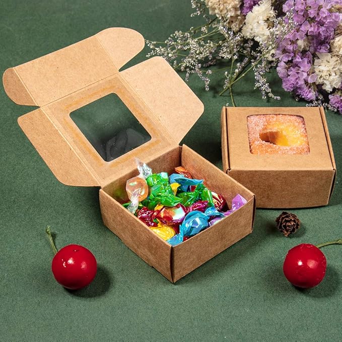 BENECREAT 30 Packs 2.5x2.5x1.2inch Square Brown Kraft Paper Boxes Gift Candy Boxes with Clear Window for Wedding Party Favor Treats, Bakery and Jewelry, Festival Gift Packaging