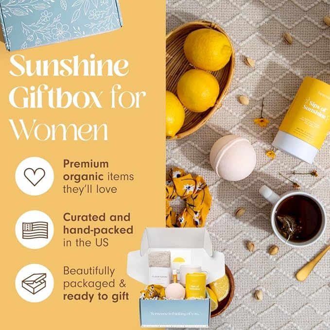 Unboxme Sunshine Spa Gift Basket for Women, Care Package with Tea, Mug, Bath Bomb, Socks, Self Care Gifts for Women, Valentine's Day, Birthday, Get Well