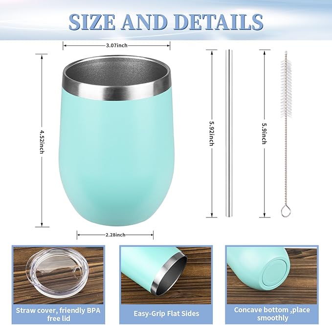 12oz Wine Tumbler with lid, Stainless Steel Travel Mugs Stemless Double Wall Insulated Coffee Cup, Insulated Wine Glasses Travel Tumbler for Cold & Hot Drinks(Light Green, 1)