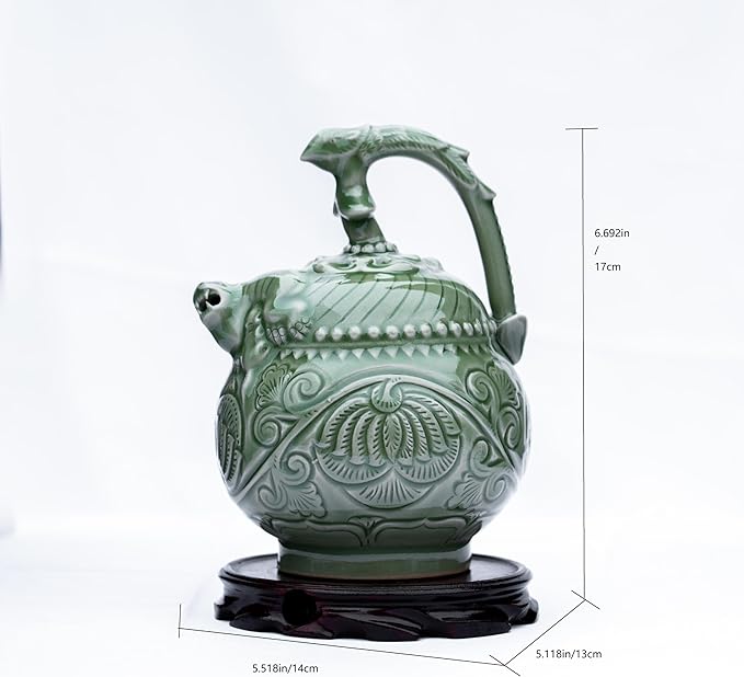 Celadon Inverted Flow Teapot - Handcrafted Chinese Traditional Ceramic Tea Pot with Intricate Carvings, Collectible Art Piece & Functional Teaware