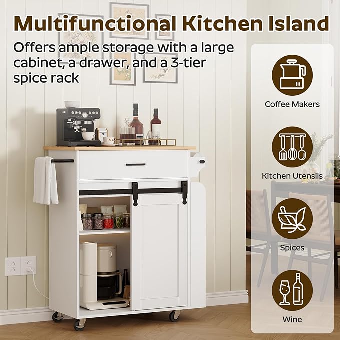 Kitchen Island with Storage, Kitchen Storage Cabinets with Charging Station, Kitchen Island on Wheels, Rolling Island Table with Sliding Cabinet Door, White and Natural ZD01UWN