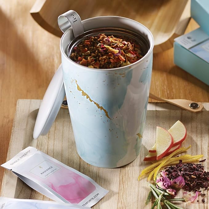 Tea Forte Double-Walled Ceramic Kati Cup, Removable Stainless Steel Infuser Basket and Lid, Steeps 12 oz Loose Leaf Tea, Dishwasher & Microwave Safe, Wellbeing