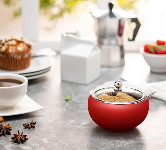 KooK Stainless Steel Sugar Bowl with Lid and Spoon, Serving Dish, Clear Glass Lid, Storage for Salt, Candy, Coffee, Holds 2 Cups, Dishwasher Safe, 16 oz Matte Rose