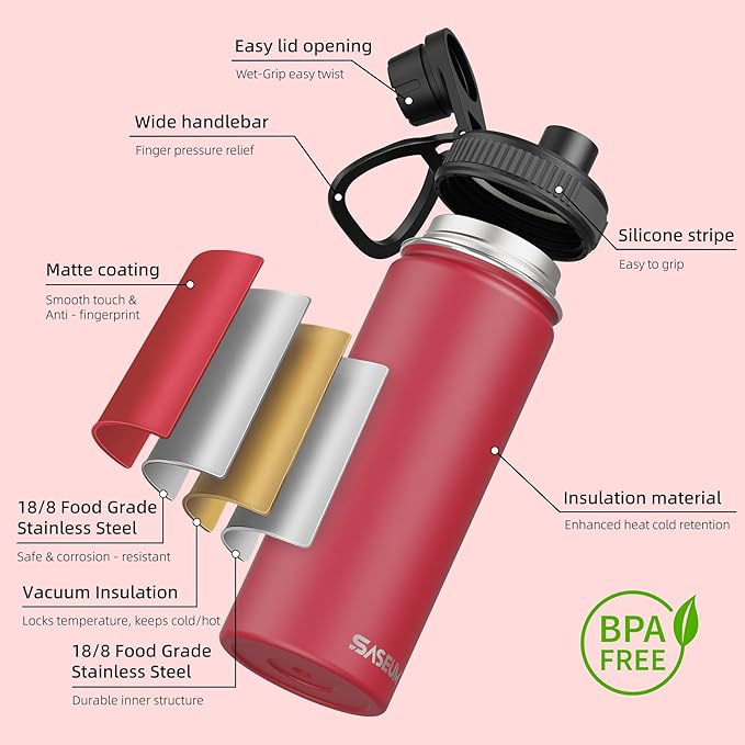SASEUM Sport Water Bottle 18oz Stainless Steel Double Wall Vacuum Thermal Mug with Leak Proof Spout Lids, Wide Mouth Metal Insulated Water Jug for Gym and Travel（Red）