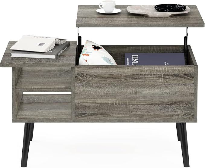 Furinno Jensen Living Room Wooden Leg Lift Top Coffee Table With Hidden Compartment and Side Open Storage Shelf, French Oak Grey