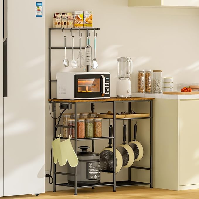Bakers Rack with Power Outlet, Kitchen Microwave Stand with 10 S-shaped Hooks, 6-Tier Coffee Bar Station, Kitchen Storage Shelf Rack for Spices, Pots, Rustic Brown