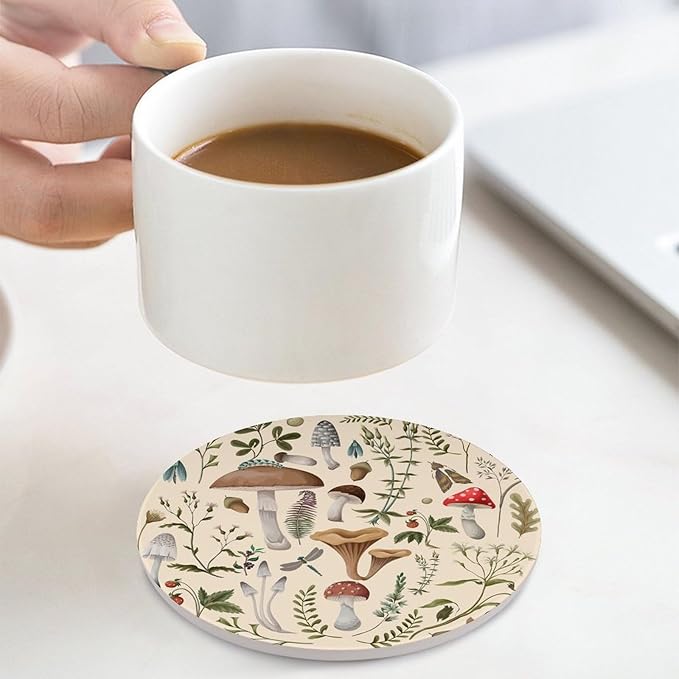 Botanical Drink Coasters, Round Ceramic Drink Coaster Round-4PCS, Nature Cartoon Botanical Leaves Mushroom Plants Pattern Decor Absorbent Ceramic Coasters for Beverage Cup, Bar, Coffee Table