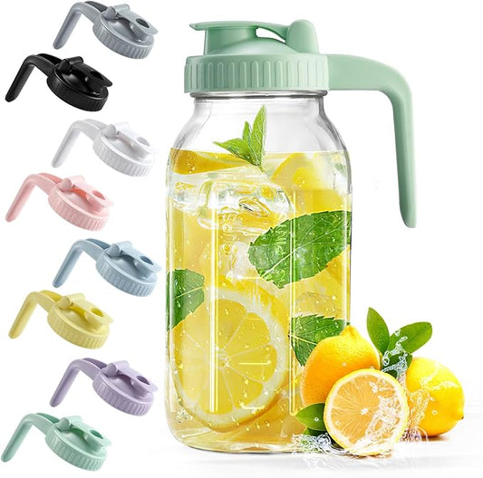 Mason Jar with Pour Spout Lid V-shaped, 2 Quart Iced Tea Pitcher Double Leak Proof, 64 oz Drink Pitcher for Breastmilk, Sun Tea, Juice, Coffee Creamer, Formula Pitcher