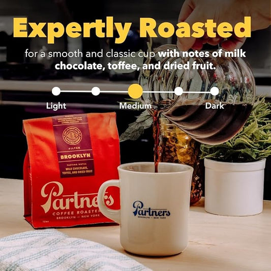 PARTNERS COFFEE ROASTERS - Whole Bean Coffee (Brooklyn - Medium Roast) 12oz - Versatile & Delicious Daily Brew - Milk Chocolate, Toffee, Dried Fruit - Whole Coffee Beans - Roasted in New York City