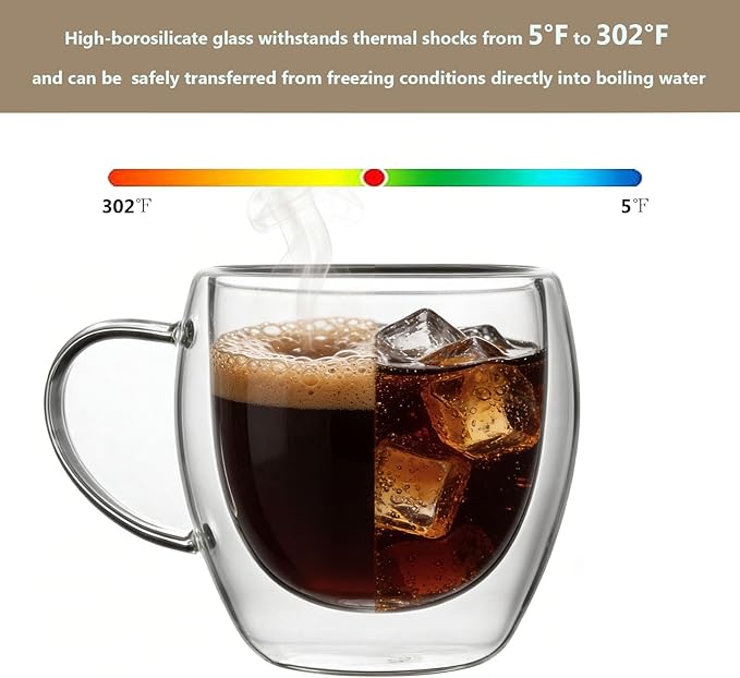 DINGPAl 4 Pack 8oz Double Wall Glass Coffee Mugs,Heat-resistant Borosilicate Glass Mug Cappuccino Espresso Tea Latte Cup with Handle,4 Spoons for Stirring Beverages in Bar,Cafe,or at Home