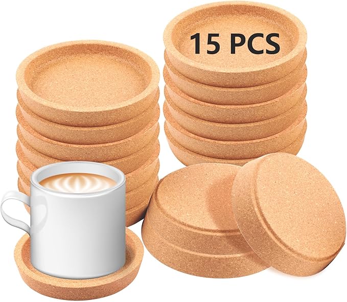 15 Pcs Cork Coasters with Lip,Protect Your Table from Beverage Leak-Proof Cork Cup Holder,Non-Slip,Absorbent and Reusable Coasters for Drinks,Suitable for use with Most Types of Mugs