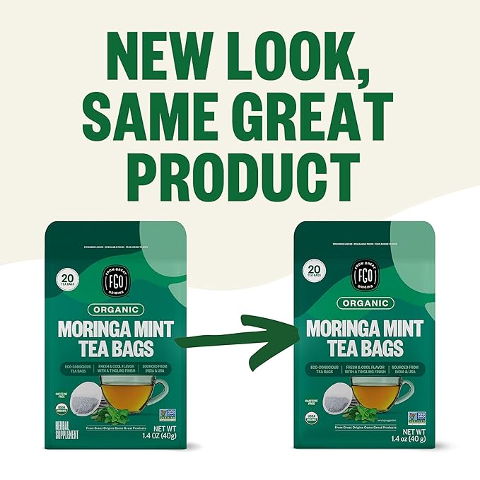 FGO Organic Moringa Mint Tea, 20 Count, Eco-Conscious Herbal Tea Bags, Resealable Bag, Caffeine Free, Packaging May Vary (Pack of 1)