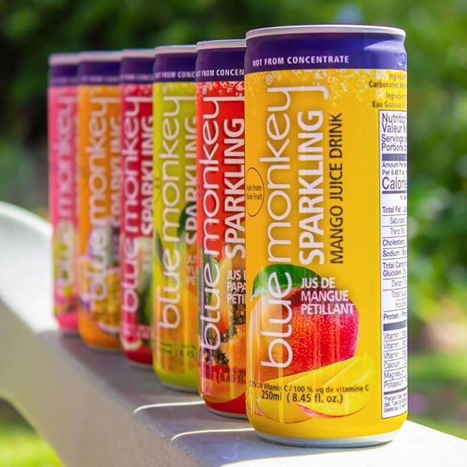Blue Monkey Sparkling Pineapple Juice - Real Fruit Juice, No Sugar Added, All Natural, Lightly Carbonated, Halal Certified - Refreshing Tropical Sparkling Water Alternative - 11.2oz (330ml) 12 Pack