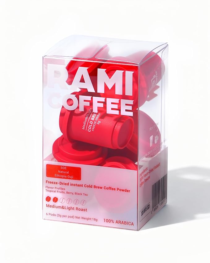Rami Coffee Cold Brew Freeze Dried Instant Coffee Powder, Medium-light Roast 100% Arabica, 6 Portable Single Packets for Home Travel Backpacking Camping