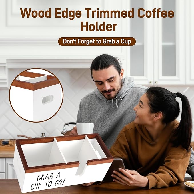 100% Wooden Coffee Cups Holder with U-Shape Cutout Design for Countertop-Coffee Bar Organizer for Cups, Lids, Pods, Stirrers, and Accessories, Great Gift for Home or Office (White)