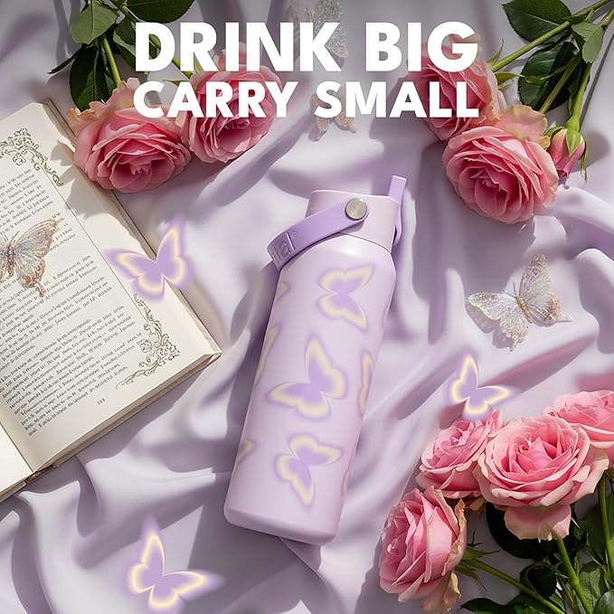 Elemental 40oz Insulated Water Bottle with Straw - 100% Leak-Proof Stainless Steel Core Water Bottles for Travel, Sports and Gym - Double Wall Insulation & BPA Free - Butterfly Kiss