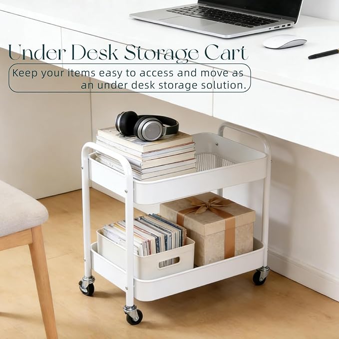 2 Tier Metal Rolling Cart with Wheels for Under Desk Storage & Pantry Storage, High Load-Bearing Kitchen Utility Cart for Small Space, Laundry Room Organization Side Table with 4 Hooks, White
