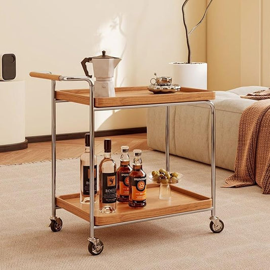 Mid Century Solid Wood Side Table,Rolling Cart,2 Tier Small End Table with Wheels,Mobile Side Table with Breathable Storage Basket,Suitable for Living Rooms,Kitchens,Bedrooms (Beige A)